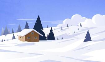 Hand painted illustrations of winter scenery include snow-capped mountains and cabins vector