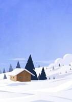 Hand painted vertical illustrations of winter scenery include snow-capped mountains and cabins vector