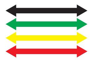 Dual sided thin long straight double ended arrow. Black, red, yellow and green color . Contour isolated image on white background. vector