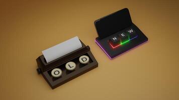 3d Rendered of Old vs New Illustration. Typewriter vs Modern Wireless Keyboard with Smartphone photo