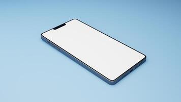 3D rendering perspective view blank screen smartphone mockup on blue background photo