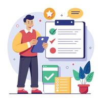 a flat illustration of a man checking customer survey vector
