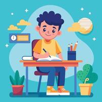 A boy sitting at a desk with a book and a clock vector