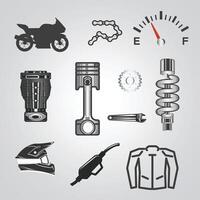Motorcycle part icons, helmet, gloves, jacket, petrol pump, Gear, motorcycle parts, bike logo with a silver background vector