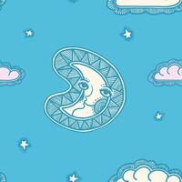 Hand-Drawn Smiling Moon with Stars and Clouds on Soft Blue Background vector