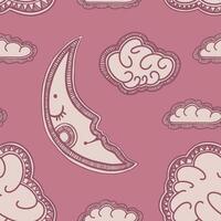 Hand-Drawn Sleeping Moon and Fluffy Clouds on Soft Pink Background vector