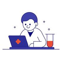 A man in a lab coat is working on a laptop vector
