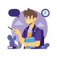 A Man With A Backpack And A Clock Is Holding A Book vector