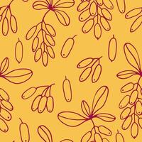 Seamless pattern with leaves and barberry berries. Hand drawn illustration in outline style. vector