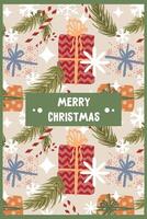 new year christmas greeting card with gift boxes. template with cute elements for design vector