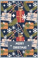 new year christmas card on a blue with snowflakes and gift boxes. template with cute elements for design vector