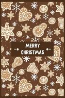new year christmas card with gingerbread cookies pattern on brown background. template with cute elements for design vector