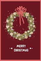 new year christmas wreath card on a red background. template with cute elements for design vector