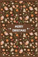 new year christmas greeting card with pattern. template with cute elements for design vector