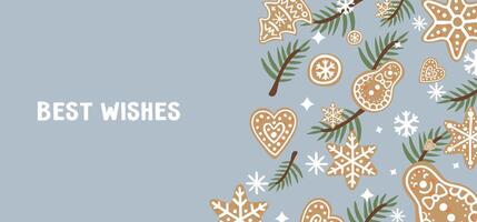 Christmas banner editable template with gingerbread cookies, snowflakes and fir branches on blue background vector