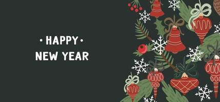 Christmas banner editable template with toys and fir branches on a dark green background vector