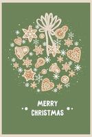 new year christmas toy card with gingerbread cookies on a green background. template with cute elements for design vector