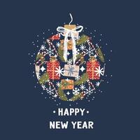 new year christmas toy card with gift boxes on a blue background. template with cute elements for design vector