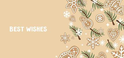 Christmas greeting with gingerbreads and christmas trees vector