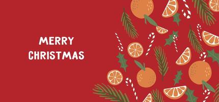 Christmas banner editable template with citruses on a red background vector