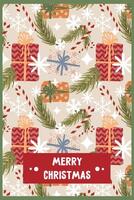 new year christmas greeting card with gift boxes and stars. template with cute elements for design vector