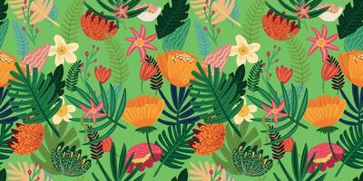 A continuous, colorful pattern of hand-sketched exotic plants. vector