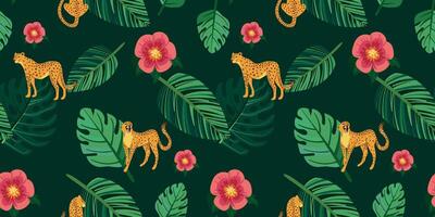 Seamless pattern with hand-drawn tropical plants and leopards in bright colors vector