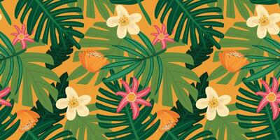 Dazzling, repetitive texture with hand-sketched tropical leaves. vector