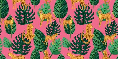 Seamless pattern with hand-drawn tropical plants and wild cats in bright colors vector