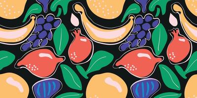 A vibrant abstract fruit pattern featuring apples, pomegranates, grapes, bananas, and figs. Perfect for modern home decor or digital projects. vector