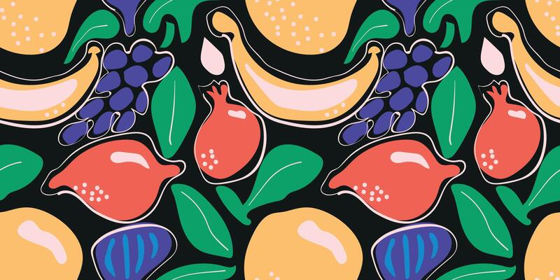 A vibrant abstract fruit pattern featuring apples, pomegranates, grapes, bananas, and figs. Perfect for modern home decor or digital projects.