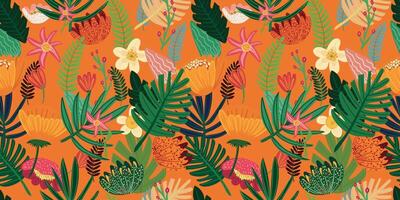 Vibrant, repeating pattern of hand-sketched tropical foliage. vector