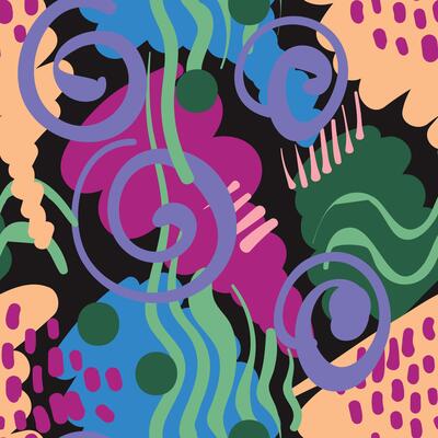 A colorful and dynamic pattern with shapes, spots, and lines