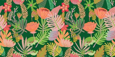 Joyful, unbroken pattern of hand-painted tropical flowers. vector