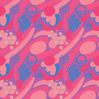 A pink colored pattern featuring abstract shapes, spots, and lines in a contemporary style.