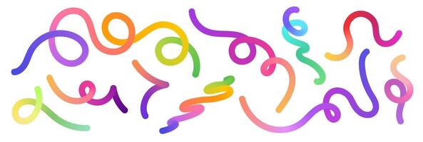 Color gradient lines. Wavy rainbow gradient swirly shapes, colorful iridescent fluid dynamic ribbons. Flowing spiral strokes isolated set vector