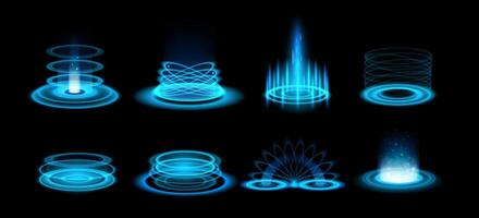 Blue light portal. Futuristic neon glow hologram game effect with sparkles, light aura beams. Teleports and portals energy podium with blue rays. 3D tech product stages set vector