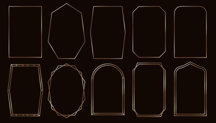 Simple golden frames. Thin gold borders in art deco retro style. Subtle linear shining rectangular photo frame, brass glowing shiny boarder. luxury minimalist windows