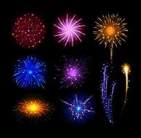 Realistic fireworks. Festive colorful fireworks with brightly shining sparks, fire burst. New year and independence day pyrotechnics show. Greeting card element set vector