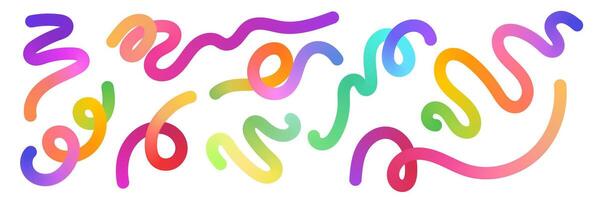 Color gradient wave. Rainbow gradient wavy strokes. Colorful curly brushstrokes, abstract swirl shapes, retro fluid line elements. set isolated vector