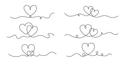 Heart continuous line. Hearts one line, falling in love and Valentines day concept for lovers. Minimalist romance heart linear design for wedding invitation. Handwritten set vector