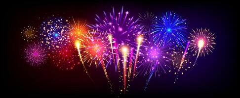 Festive fireworks. Realistic 3D firework explosions with colorful sparkles, bright salute crackers lights. Merry Christmas and Happy New Year 2025 celebration background vector