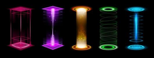 Level up effect. Portal blue futuristic neon glow technology, teleport beam power game stage with vortex. Vertical portal podium ring energy with blue rays. 3D tech isolated set vector