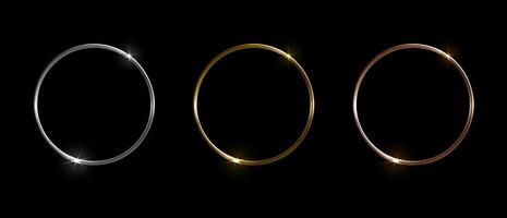 Gold, silver and bronze metal circle. 3d realistic round frames, shiny circular metallic ring borders with glare. isolated set vector