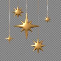 Hanging golden stars. Shiny gold star hangs on string, holidays garland. Merry Christmas and Happy New Year festive template background for greeting card vector