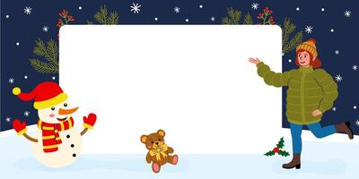 Winter scene with a snowman, girl, and teddy bear in a snowy landscape vector