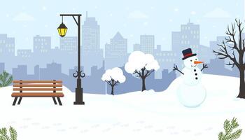 Snowy winter park scene with a snowman and city skyline in the background vector