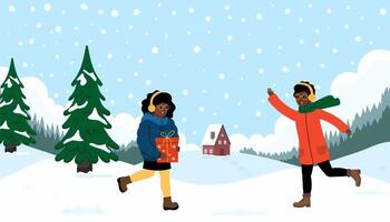 Two friends enjoying a snowy day while exchanging gifts in a winter landscape vector