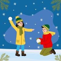 Children play in the snow while having a fun snowball fight during winter vector