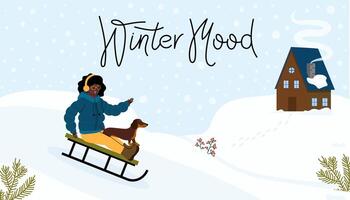 Enjoying winter fun while sledding with a dog in a snowy landscape vector